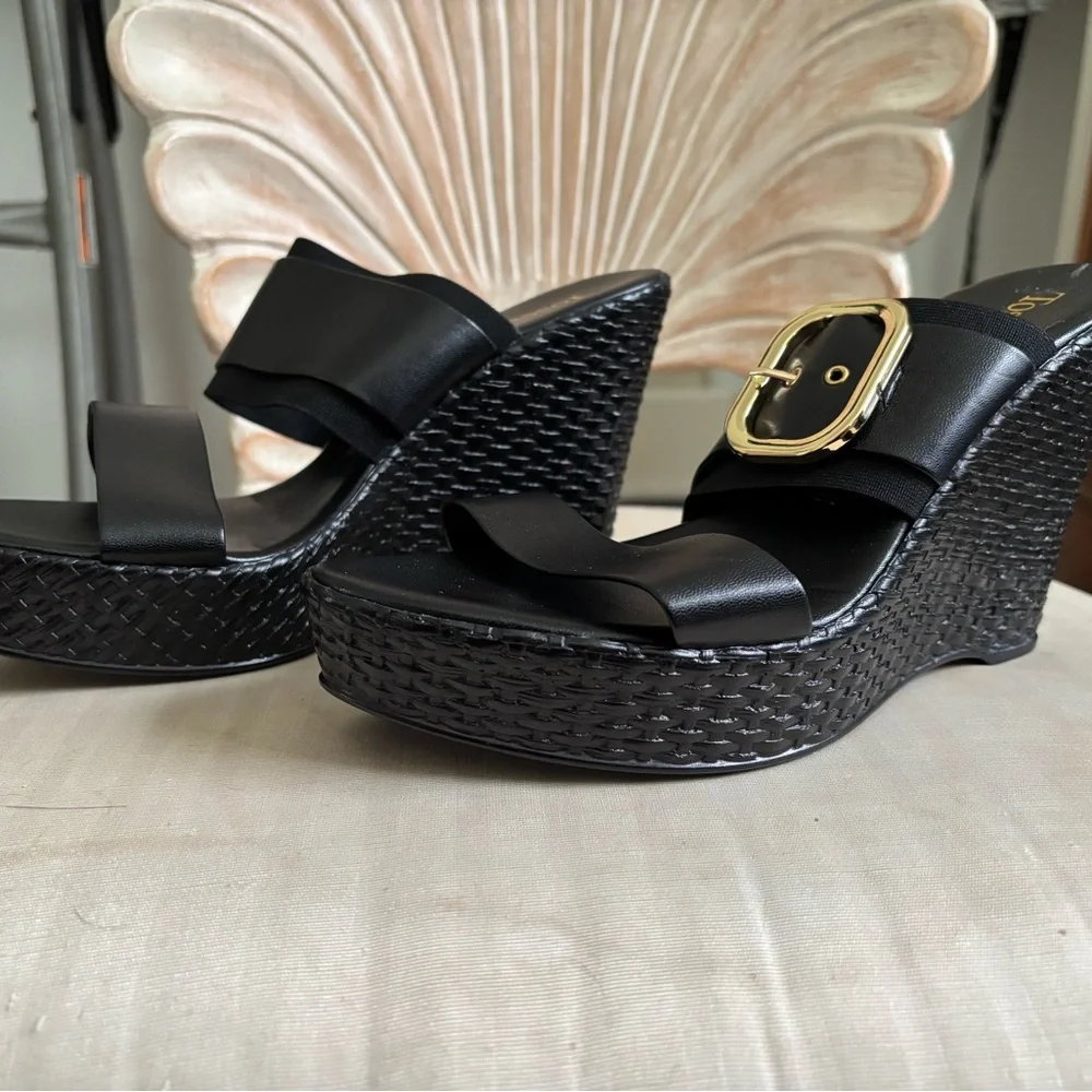 Black Leather Platform Wedge Sandals with Gold Buckle